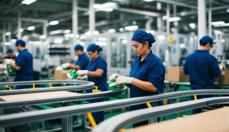 Uma linha de produção com trabalhadores montando produtos em uma fábrica, com máquinas e correias transportadoras ao fundo.