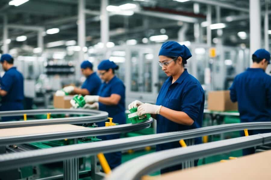 Uma linha de produção com trabalhadores montando produtos em uma fábrica, com máquinas e correias transportadoras ao fundo.
