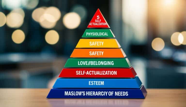 Uma pirâmide com cinco níveis, representando a hierarquia das necessidades de Maslow: fisiológicas, segurança, amor/pertencimento, estima e autorrealização.