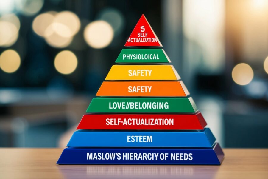 Uma pirâmide com cinco níveis, representando a hierarquia das necessidades de Maslow: fisiológicas, segurança, amor/pertencimento, estima e autorrealização.