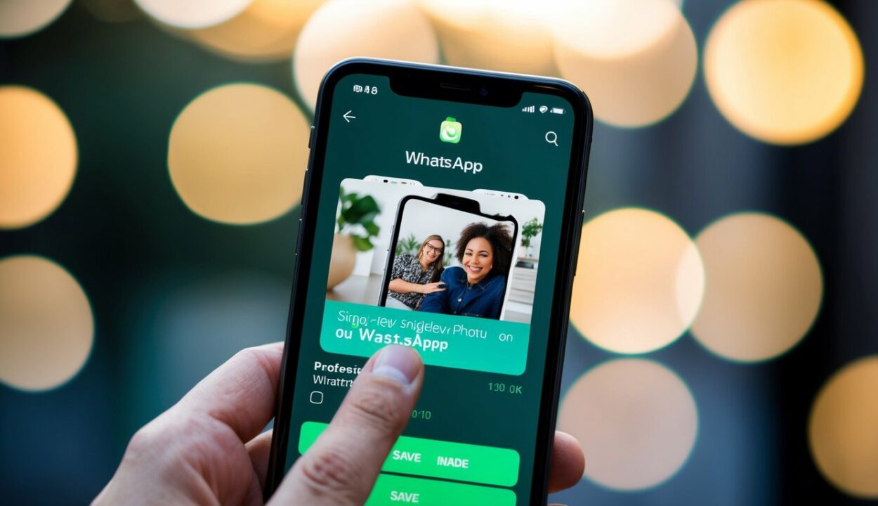 Um smartphone exibindo uma foto de visualização única no WhatsApp, com um dedo tocando a tela para salvar a imagem