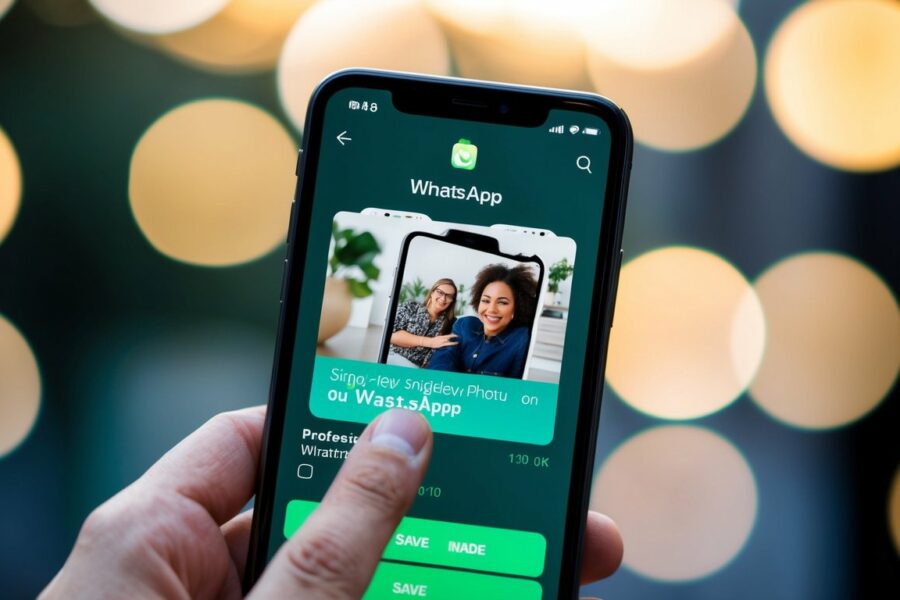 Um smartphone exibindo uma foto de visualização única no WhatsApp, com um dedo tocando a tela para salvar a imagem