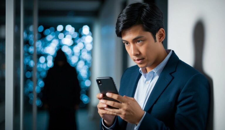 Uma pessoa segurando um smartphone e olhando ao redor de forma suspeita, enquanto uma figura sombria se esconde ao fundo.