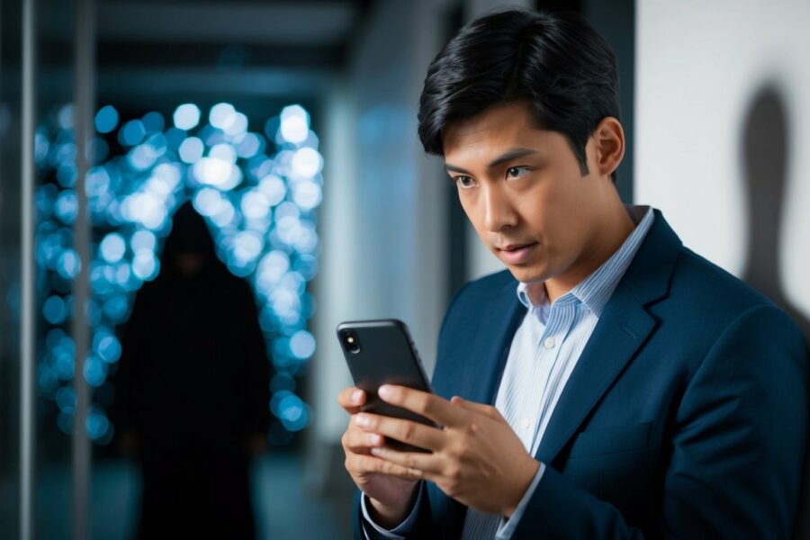 Uma pessoa segurando um smartphone e olhando ao redor de forma suspeita, enquanto uma figura sombria se esconde ao fundo.