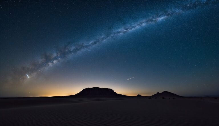 Uma estrela cadente risca o céu da meia-noite, iluminando a silhueta de uma solitária oásis no deserto