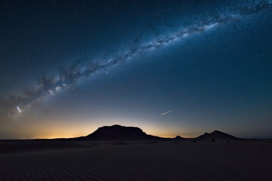 Uma estrela cadente risca o céu da meia-noite, iluminando a silhueta de uma solitária oásis no deserto