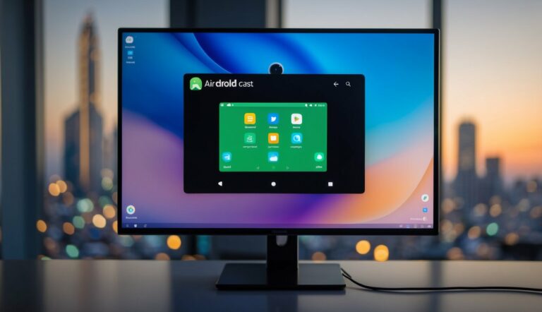 Uma tela de smartphone exibindo a interface do Airdroid Cast com vários ícones e opções, conectada a um display maior ou monitor de computador.