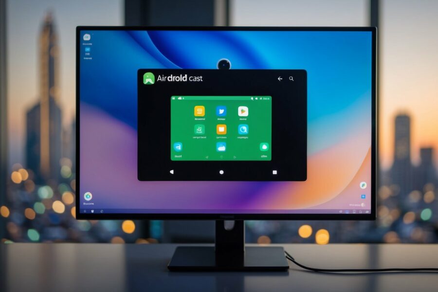 Uma tela de smartphone exibindo a interface do Airdroid Cast com vários ícones e opções, conectada a um display maior ou monitor de computador.