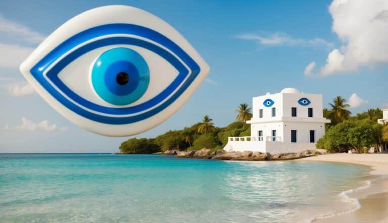 Uma praia serena com águas azul claras, um edifício pintado de branco adornado com um grande amuleto em forma de olho azul, e um céu sem nuvens.