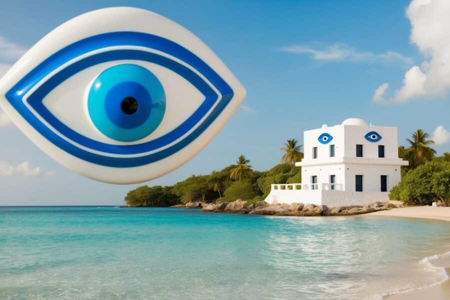 Uma praia serena com águas azul claras, um edifício pintado de branco adornado com um grande amuleto em forma de olho azul, e um céu sem nuvens.