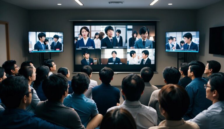 Um grupo de pessoas se reuniu em torno de uma tela, assistindo atentamente enquanto os personagens de um drama japonês mostram várias emoções e interações.
