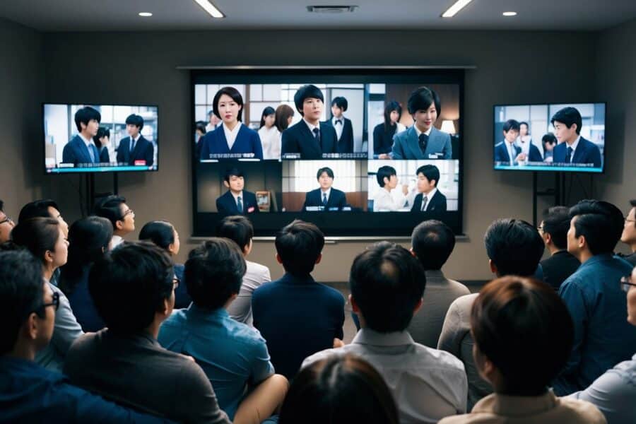 Um grupo de pessoas se reuniu em torno de uma tela, assistindo atentamente enquanto os personagens de um drama japonês mostram várias emoções e interações.