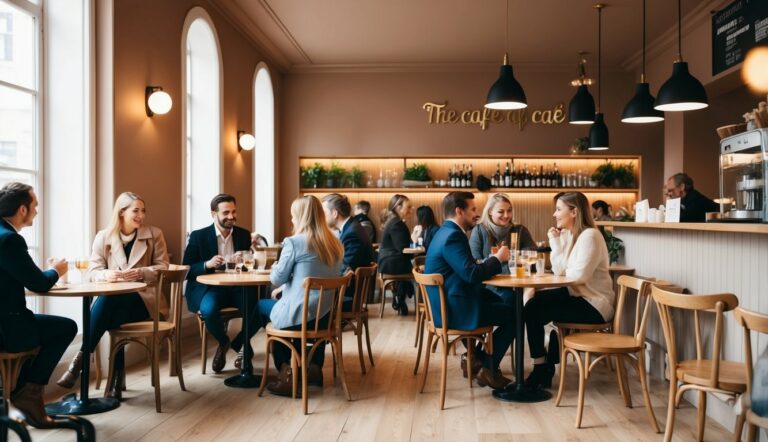 Um café aconchegante com pessoas conversando em pequenas mesas, uma paleta de cores quentes e iluminação suave.