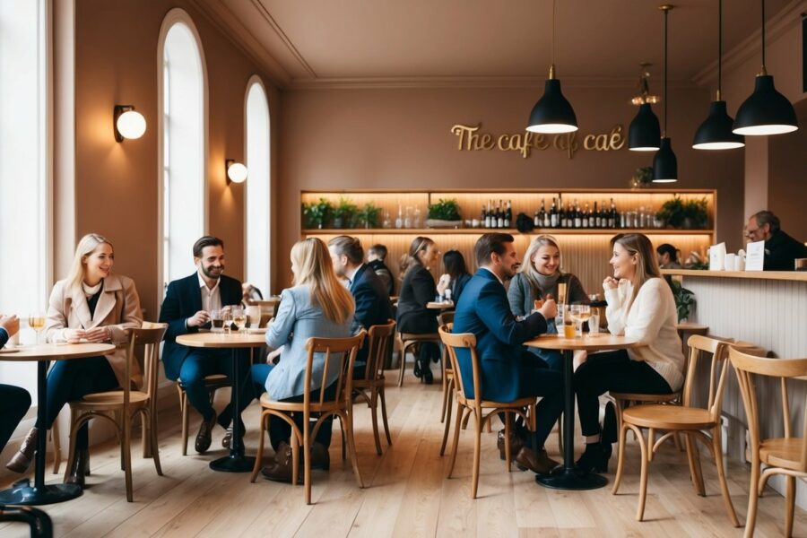 Um café aconchegante com pessoas conversando em pequenas mesas, uma paleta de cores quentes e iluminação suave.