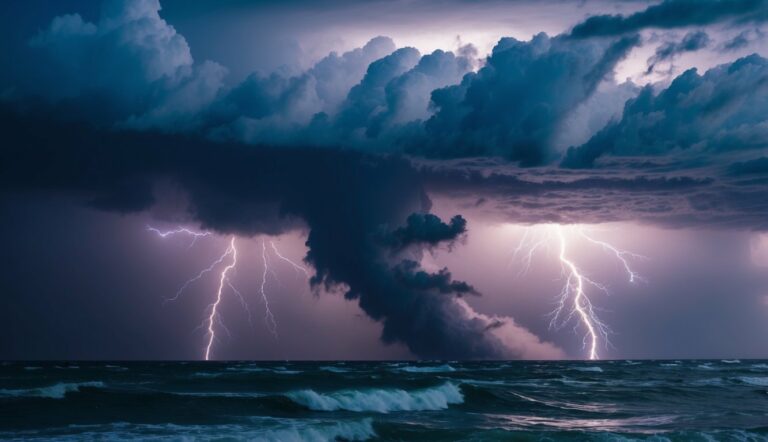 Uma poderosa tempestade se forma enquanto relâmpagos caem e o vento sopra pelo ar, representando a energia feroz e dinâmica de Iansã.