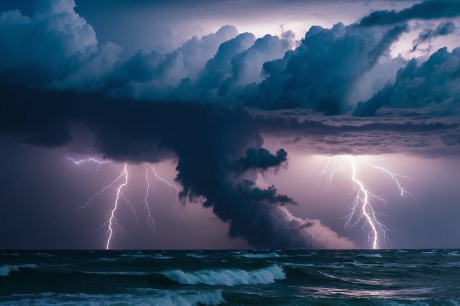 Uma poderosa tempestade se forma enquanto relâmpagos caem e o vento sopra pelo ar, representando a energia feroz e dinâmica de Iansã.