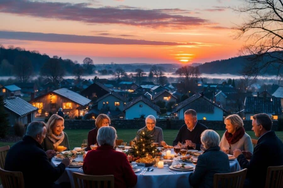 Um pôr do sol pacífico sobre uma vila tranquila, com famílias se reunindo para uma refeição festiva