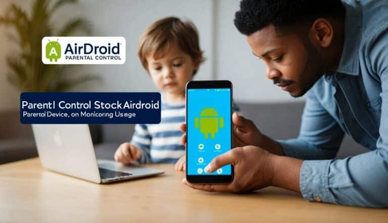 Um pai configurando o controle parental do Airdroid no dispositivo de uma criança, ajustando configurações e monitorando o uso.