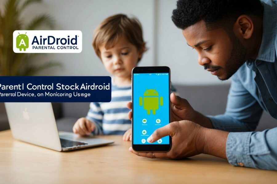 Um pai configurando o controle parental do Airdroid no dispositivo de uma criança, ajustando configurações e monitorando o uso.