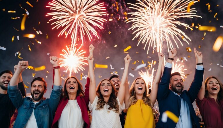 Uma celebração alegre com fogos de artifício e confete, significando empolgação e felicidade