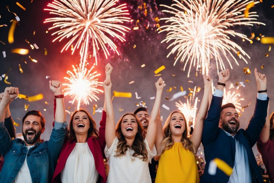 Uma celebração alegre com fogos de artifício e confete, significando empolgação e felicidade