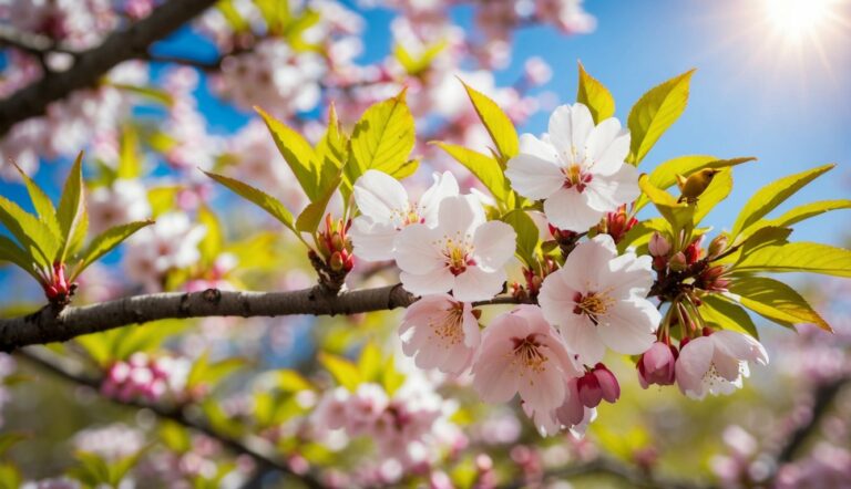 Primavera: As flores de cerejeira florescem, os pássaros cantam e folhas verdes vibrantes surgem nas árvores. O sol brilha, aquecendo o ar enquanto as flores começam a florescer.