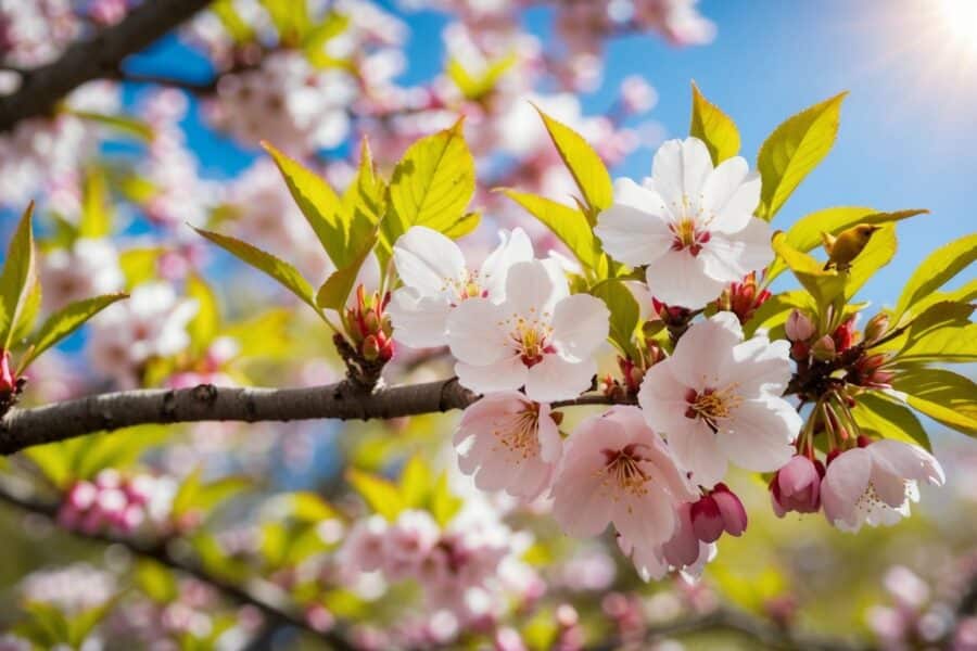 Primavera: As flores de cerejeira florescem, os pássaros cantam e folhas verdes vibrantes surgem nas árvores. O sol brilha, aquecendo o ar enquanto as flores começam a florescer.