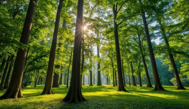 Uma floresta exuberante com árvores altas, vegetação vibrante e uma sensação de tranquilidade. A luz do sol filtra através do dossel, criando uma atmosfera pacífica e serena.