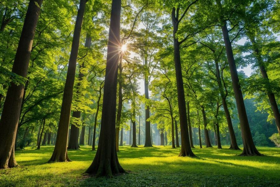 Uma floresta exuberante com árvores altas, vegetação vibrante e uma sensação de tranquilidade. A luz do sol filtra através do dossel, criando uma atmosfera pacífica e serena.