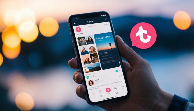 Um smartphone com o aplicativo Tinder aberto, mostrando um perfil com fotos e uma biografia.