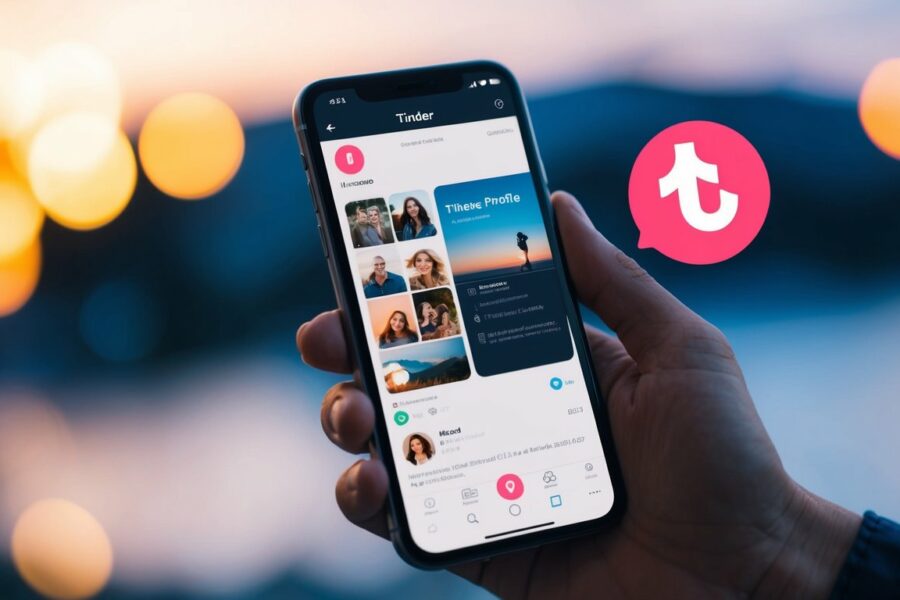 Um smartphone com o aplicativo Tinder aberto, mostrando um perfil com fotos e uma biografia.