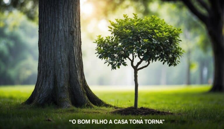 Uma jovem árvore crescendo em direção a uma árvore velha e robusta, simbolizando o provérbio português "o bom filho a casa torna".