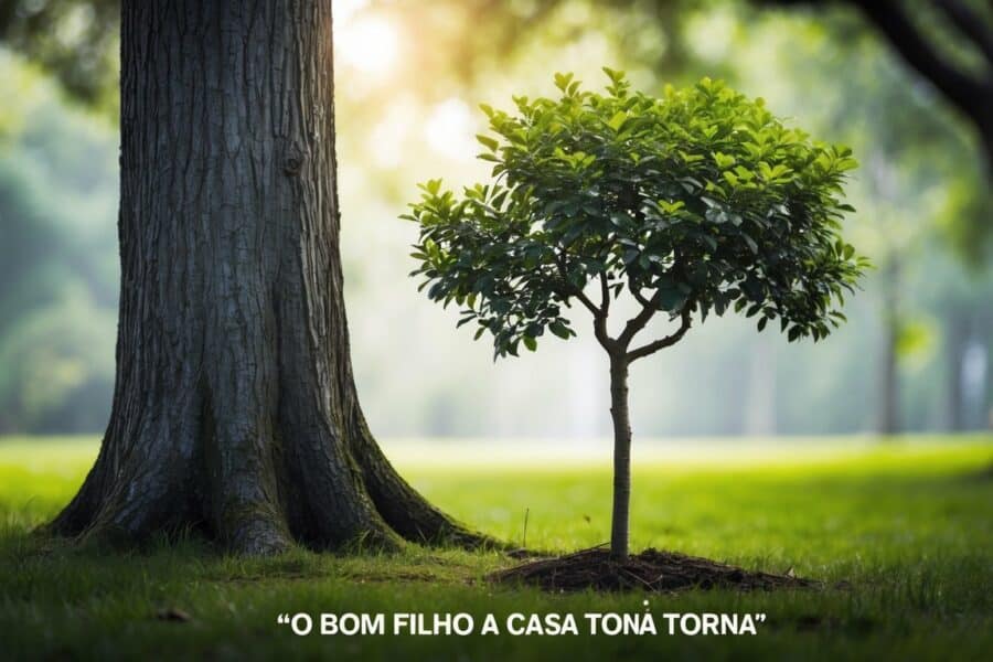 Uma jovem árvore crescendo em direção a uma árvore velha e robusta, simbolizando o provérbio português "o bom filho a casa torna".