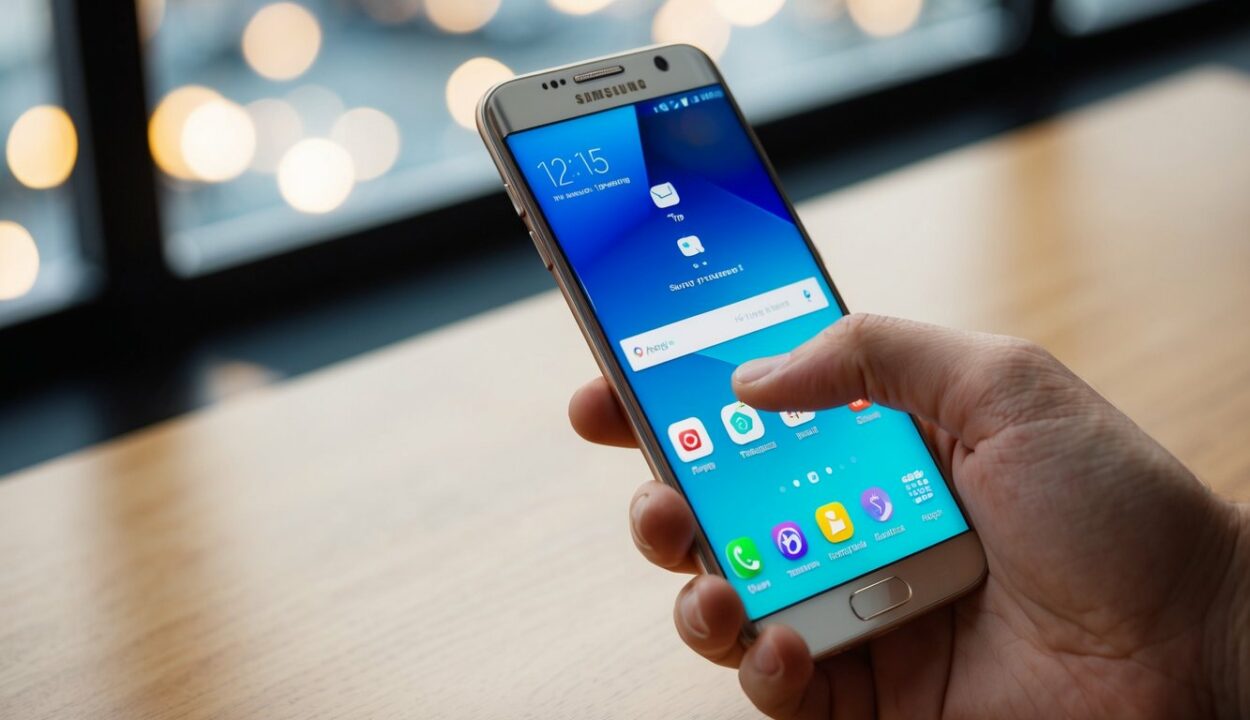 Uma mão segurando um celular Samsung, tocando na tela para revelar aplicativos ocultos