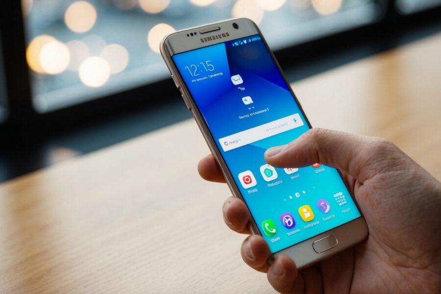 Uma mão segurando um celular Samsung, tocando na tela para revelar aplicativos ocultos