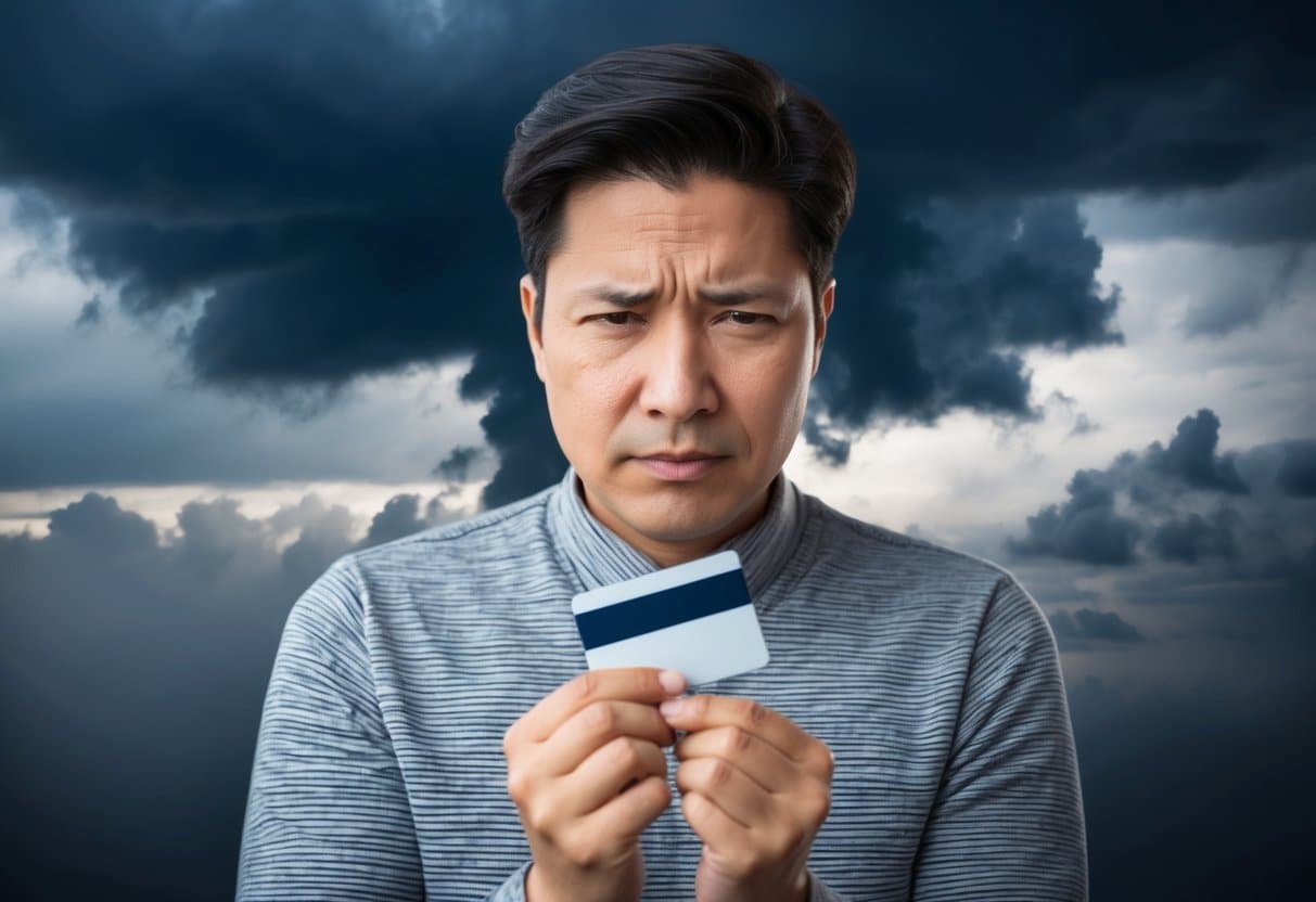 Uma pessoa com uma expressão de descontentamento segurando um cartão de crédito enquanto está cercada por nuvens de tempestade escuras, representando as opções limitadas disponíveis para indivíduos com crédito ruim.