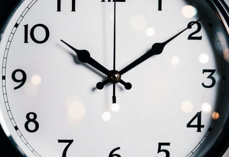 Um relógio com o ponteiro das horas apontando para o 12 e o ponteiro dos minutos apontando para o 6, indicando uma hora
