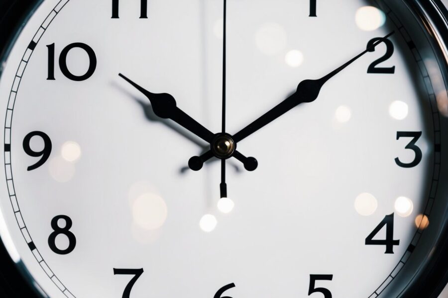 Um relógio com o ponteiro das horas apontando para o 12 e o ponteiro dos minutos apontando para o 6, indicando uma hora