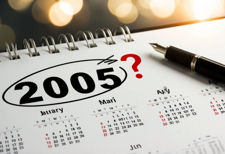 Uma página de calendário com o ano de 2005 circulado e um ponto de interrogação