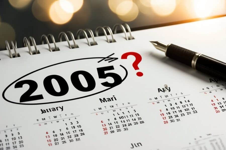Uma página de calendário com o ano de 2005 circulado e um ponto de interrogação