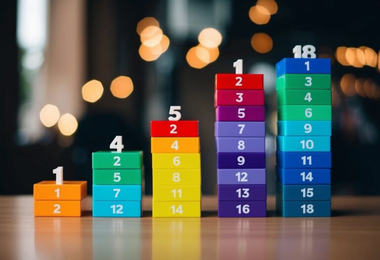 Uma pilha de blocos coloridos dispostos em uma progressão de 1 a 18
