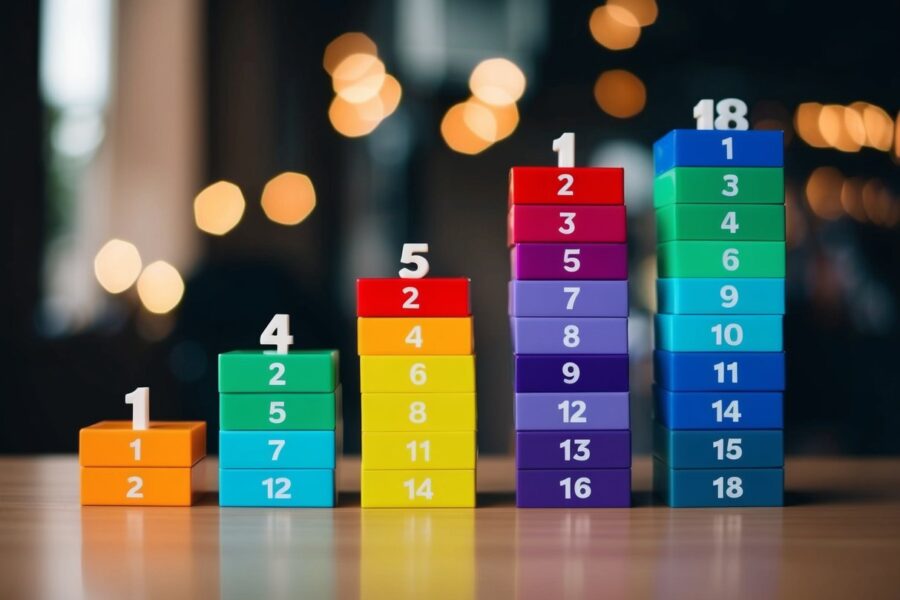 Uma pilha de blocos coloridos dispostos em uma progressão de 1 a 18