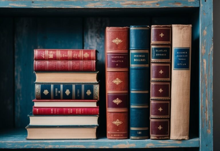 Uma pilha de 48 livros vintage em uma prateleira de madeira desgastada