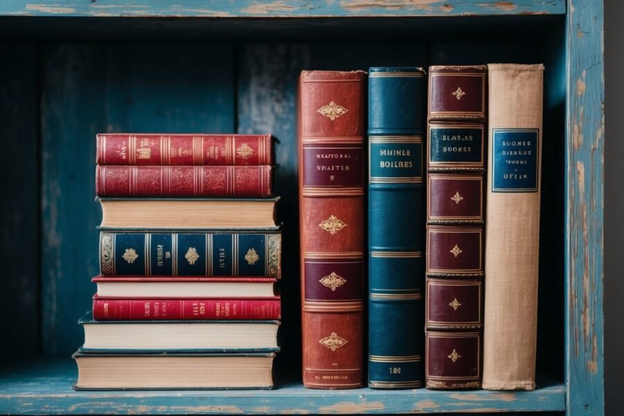 Uma pilha de 48 livros vintage em uma prateleira de madeira desgastada