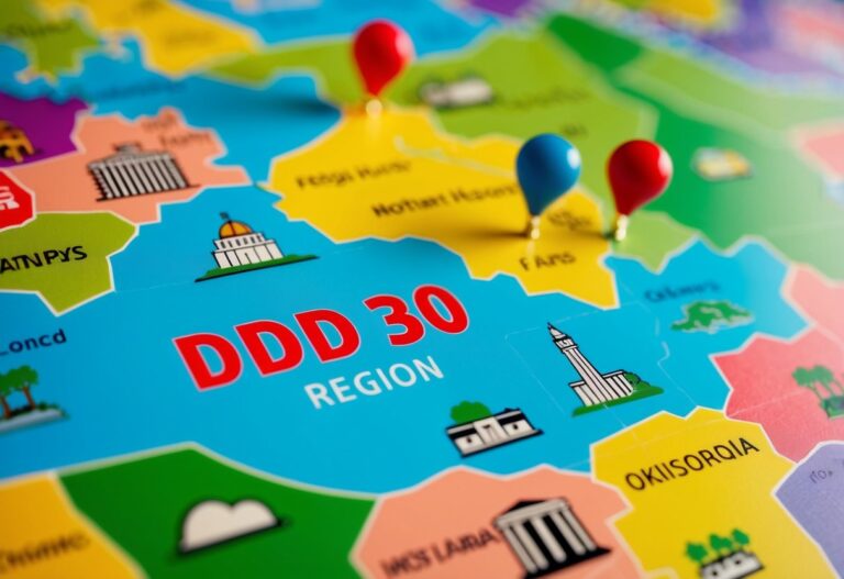 Um mapa colorido da região DDD 30 com marcos e símbolos notáveis