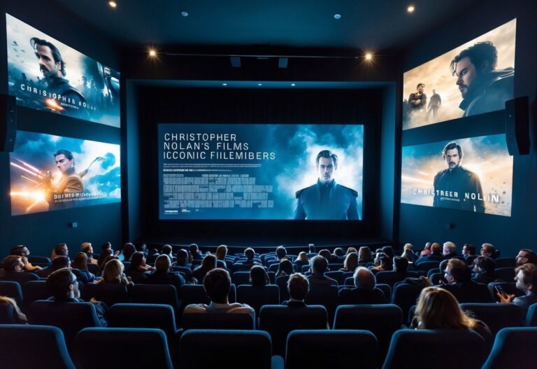 Um cinema mal iluminado com uma tela grande exibindo os filmes icônicos de Christopher Nolan. Os membros da audiência estão imersos nas narrativas intensas e que desafiam a mente.