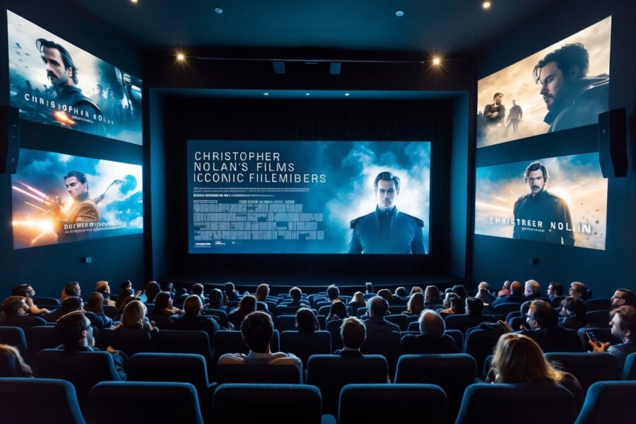 Um cinema mal iluminado com uma tela grande exibindo os filmes icônicos de Christopher Nolan. Os membros da audiência estão imersos nas narrativas intensas e que desafiam a mente.