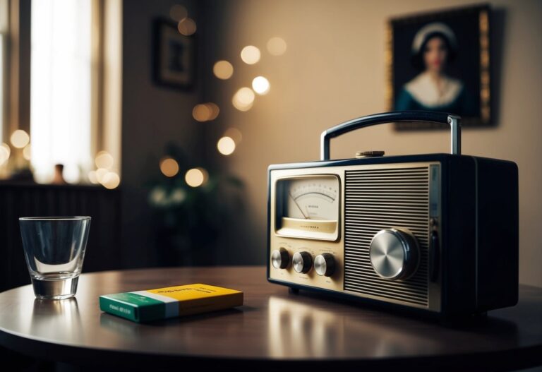 Uma sala mal iluminada com um rádio vintage tocando ao fundo, um maço de cigarros e um copo vazio na mesa, e um retrato de Grace na parede