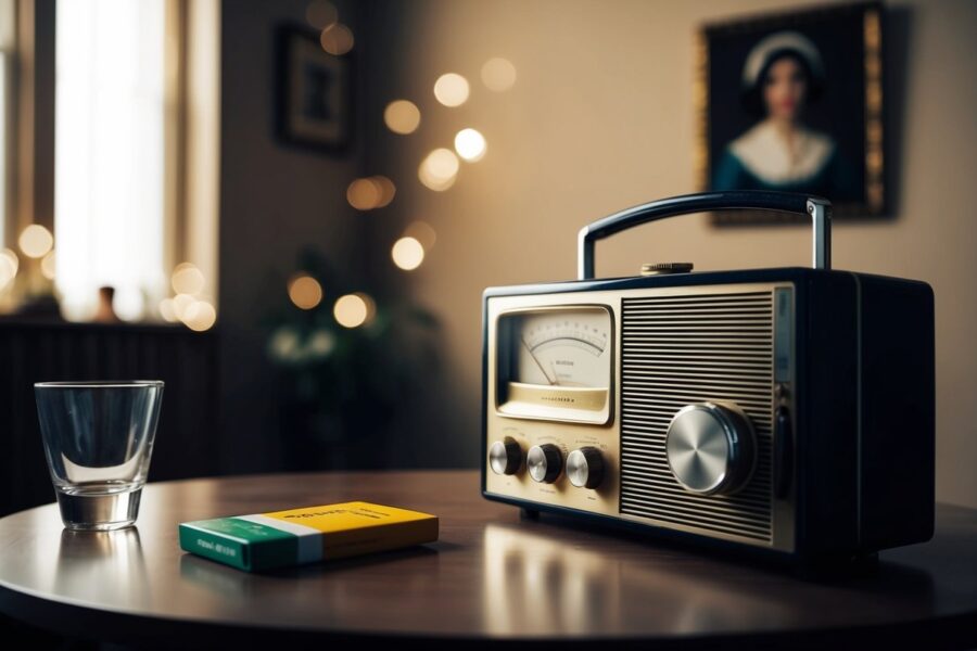 Uma sala mal iluminada com um rádio vintage tocando ao fundo, um maço de cigarros e um copo vazio na mesa, e um retrato de Grace na parede