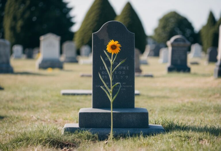 Um cemitério desolado com uma flor murcha em uma lápide